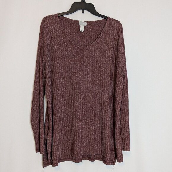 AVA & VIV Burgundy Long Sleeve Rib Knit V-Neck Stretch Pullover Top; Size 2X - Picture 1 of 4